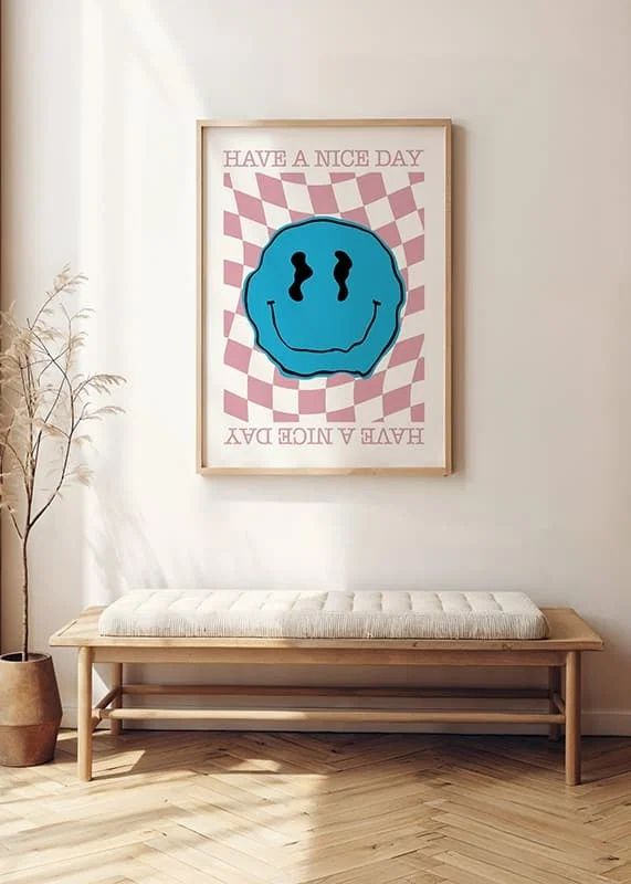 Blue smiley illustration on pink checkered wavy pattern-12