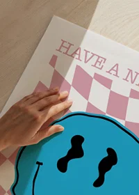 Blue smiley illustration on pink checkered wavy pattern-3