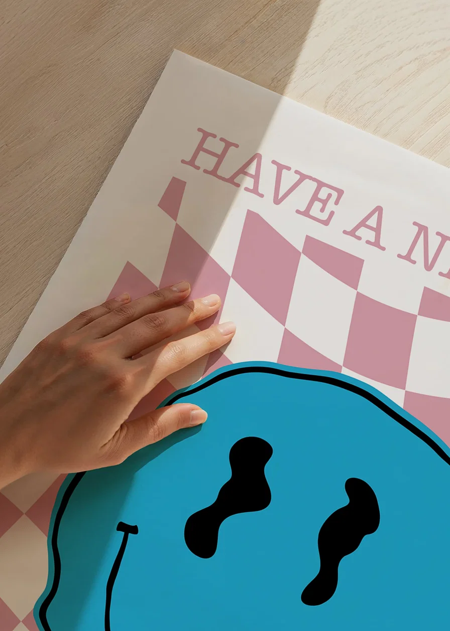 Blue smiley illustration on pink checkered wavy pattern-12