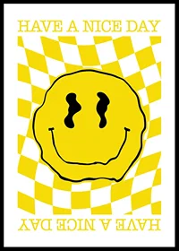 Yellow smiley with wavy outline on checkered yellow and white background-0