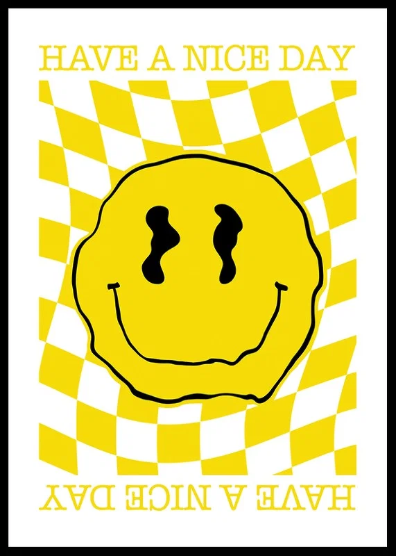 Yellow smiley with wavy outline on checkered yellow and white background-12