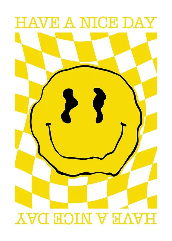 Yellow smiley with wavy outline on checkered yellow and white background-12