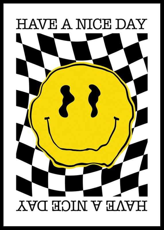 Illustrated yellow smiley against black and white checkered background-12