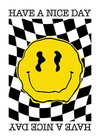 Illustrated yellow smiley against black and white checkered background-1