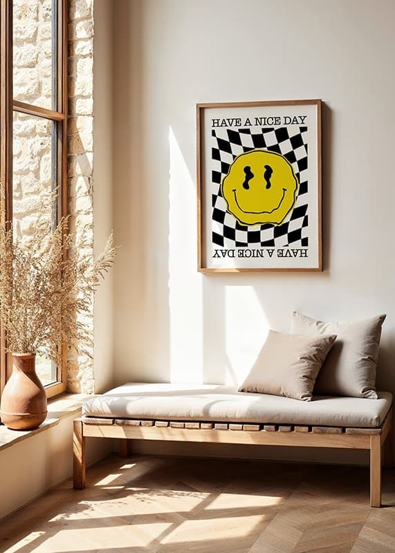 Illustrated yellow smiley against black and white checkered background-12