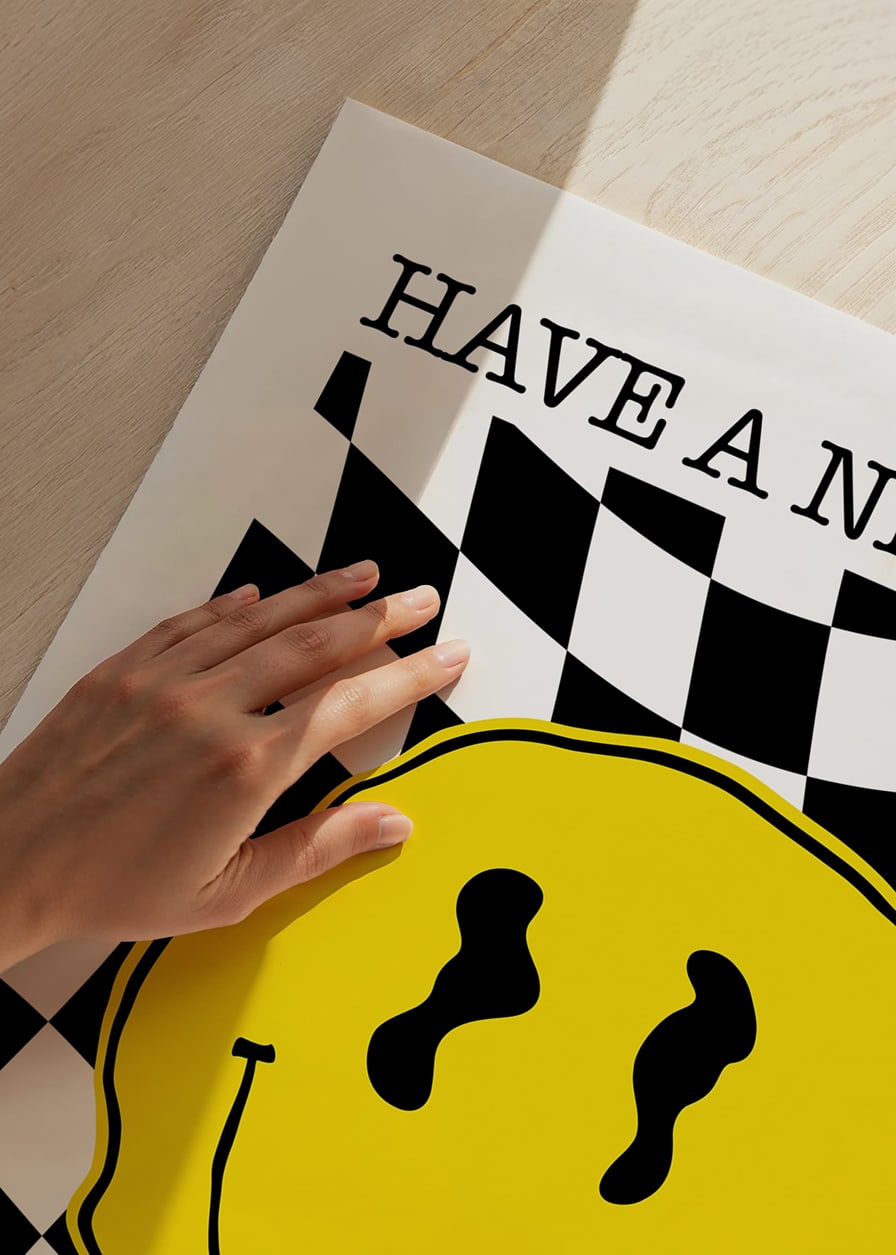 Illustrated yellow smiley against black and white checkered background-12