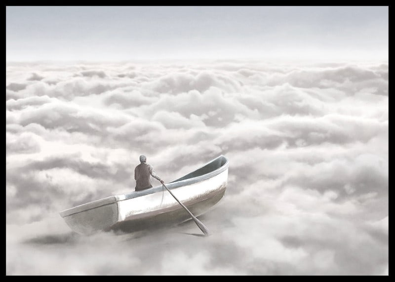 Illustration of person in rowboat above cloud cover-12