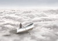Illustration of person in rowboat above cloud cover-7