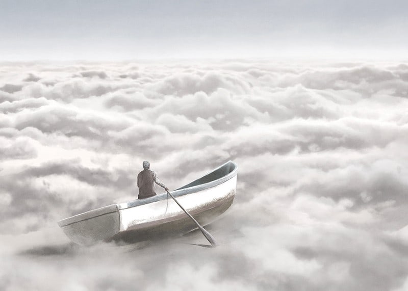 Illustration of person in rowboat above cloud cover-12