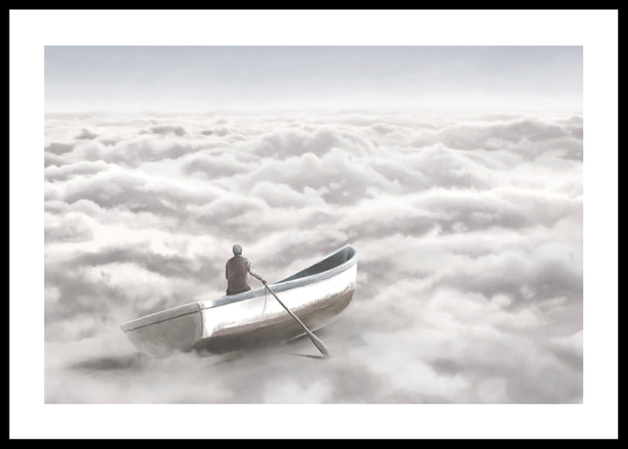 Illustration of person in rowboat above cloud cover-12