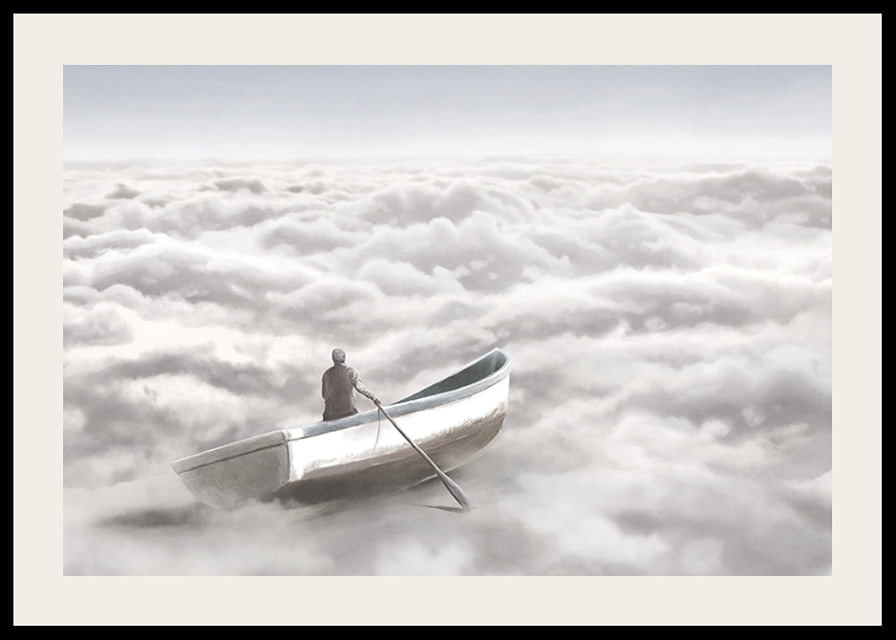 Illustration of person in rowboat above cloud cover-12
