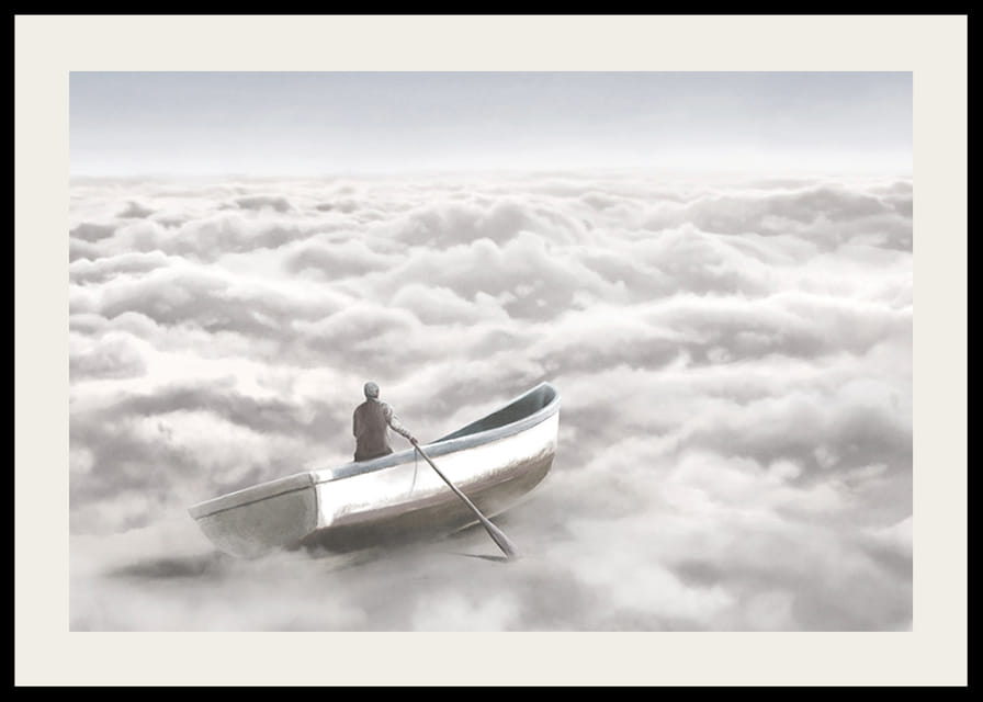 Illusztráció egy személyről egy evezős csónakban a felhőtakaró felett-12
