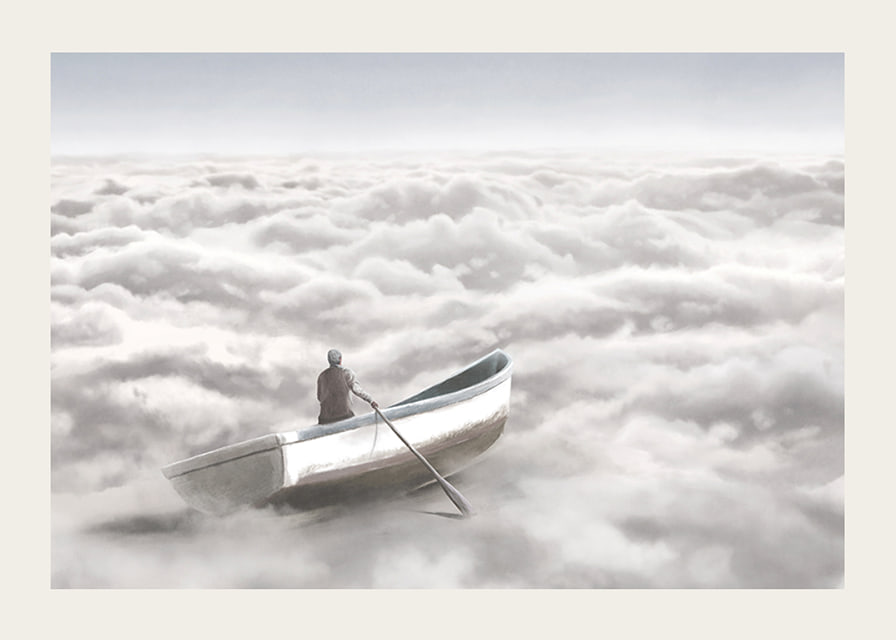 Illustration of person in rowboat above cloud cover-12