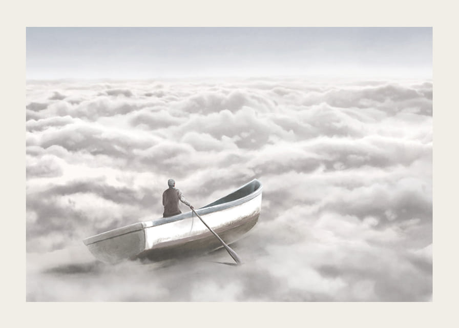 Illusztráció egy személyről egy evezős csónakban a felhőtakaró felett-12