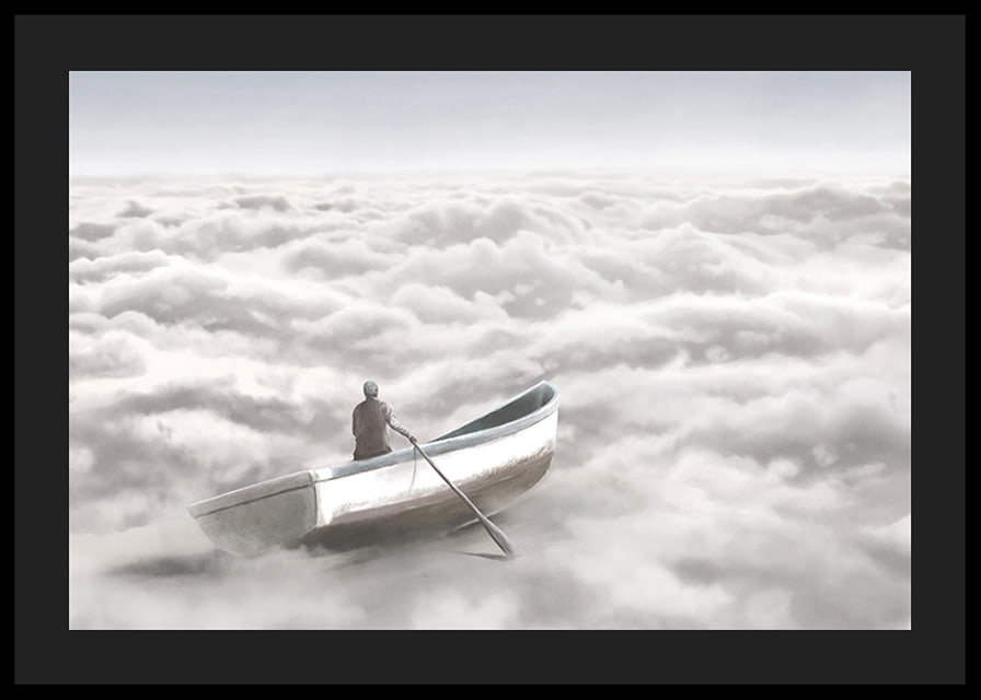 Illustration of person in rowboat above cloud cover-12