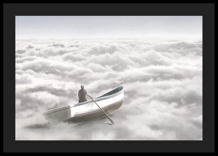 Illusztráció egy személyről egy evezős csónakban a felhőtakaró felett-12