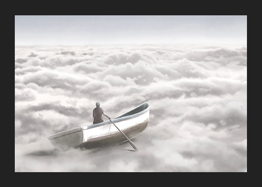 Illustration of person in rowboat above cloud cover-12