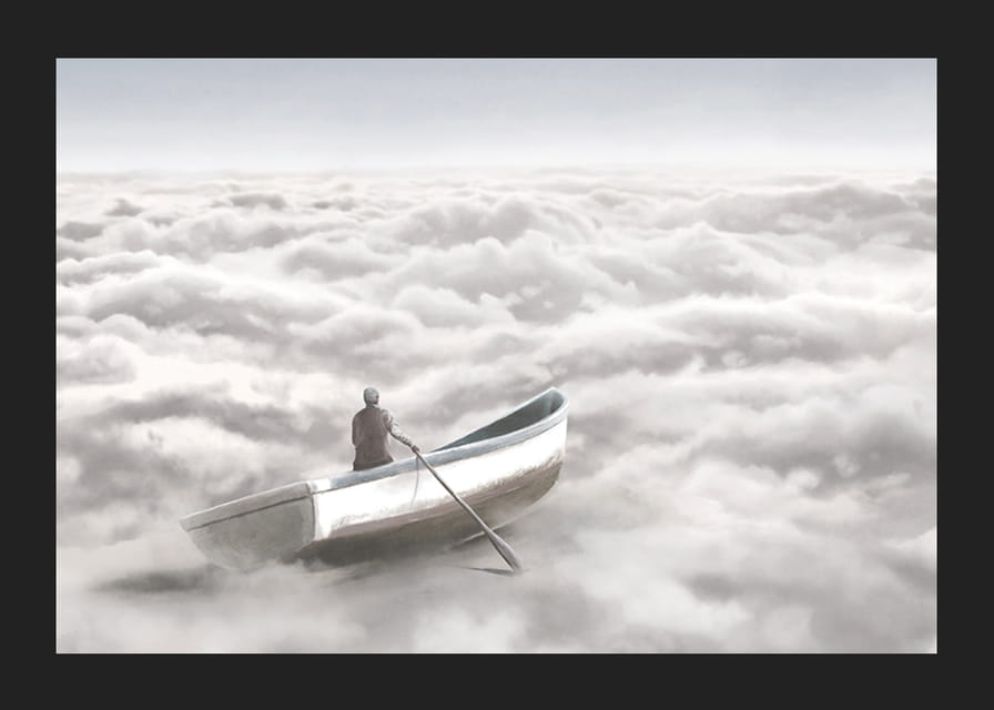 Illusztráció egy személyről egy evezős csónakban a felhőtakaró felett-12