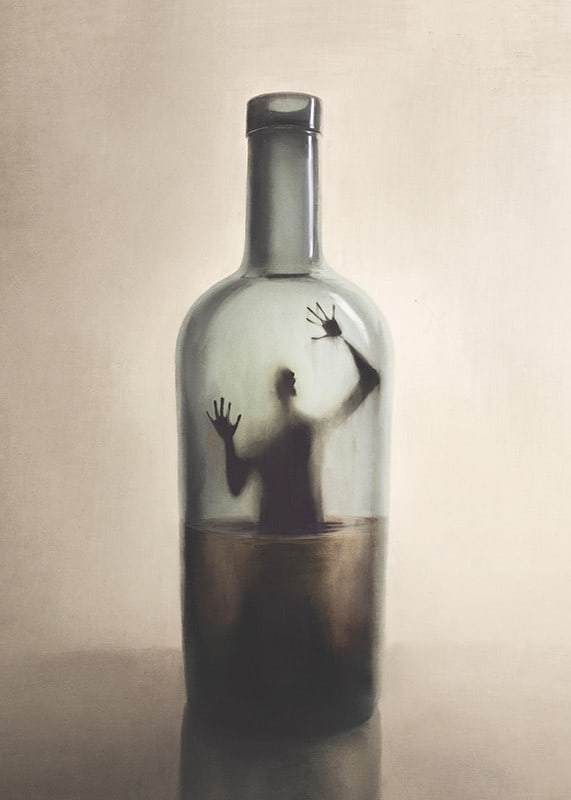 Surreal illustration of human figure trapped in bottle-12