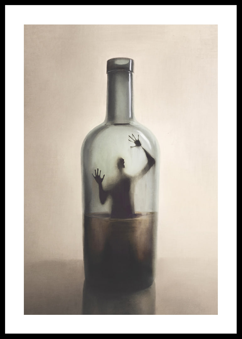 Surreal illustration of human figure trapped in bottle-12
