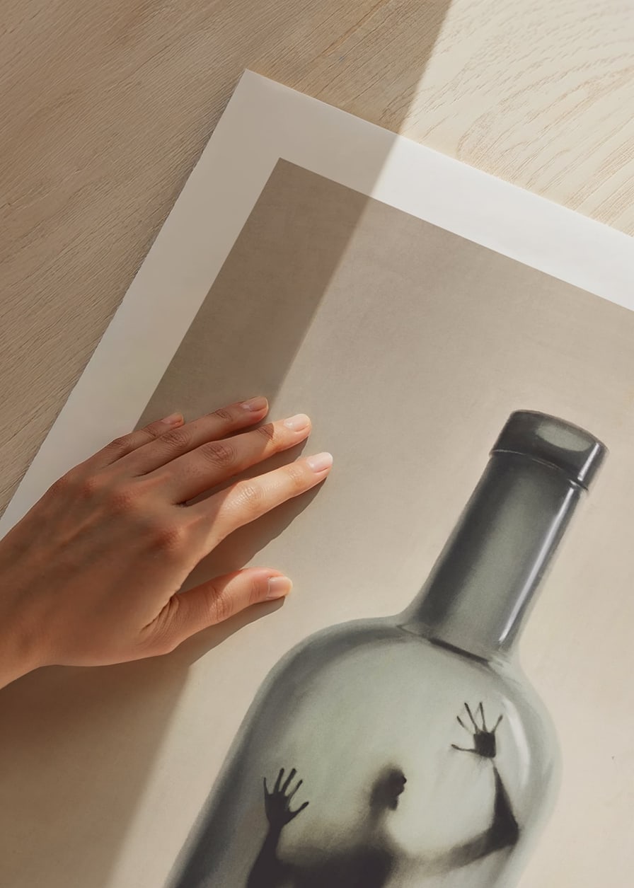 Surreal illustration of human figure trapped in bottle-12
