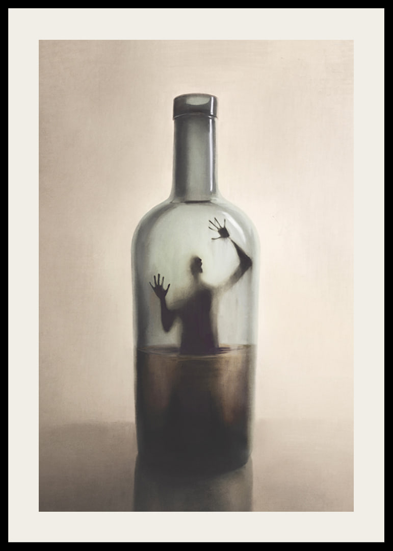 Surreal illustration of human figure trapped in bottle-12