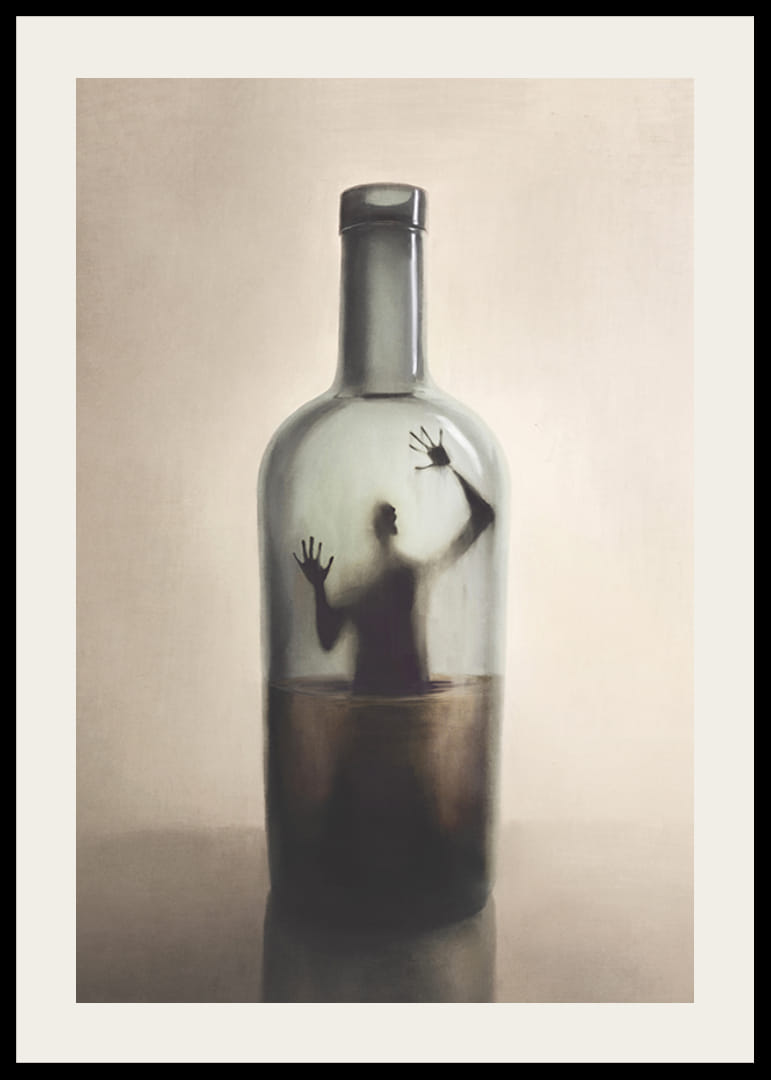Ilustración surrealista de una figura humana atrapada en una botella.-12