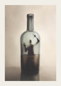 Ilustración surrealista de una figura humana atrapada en una botella.-3