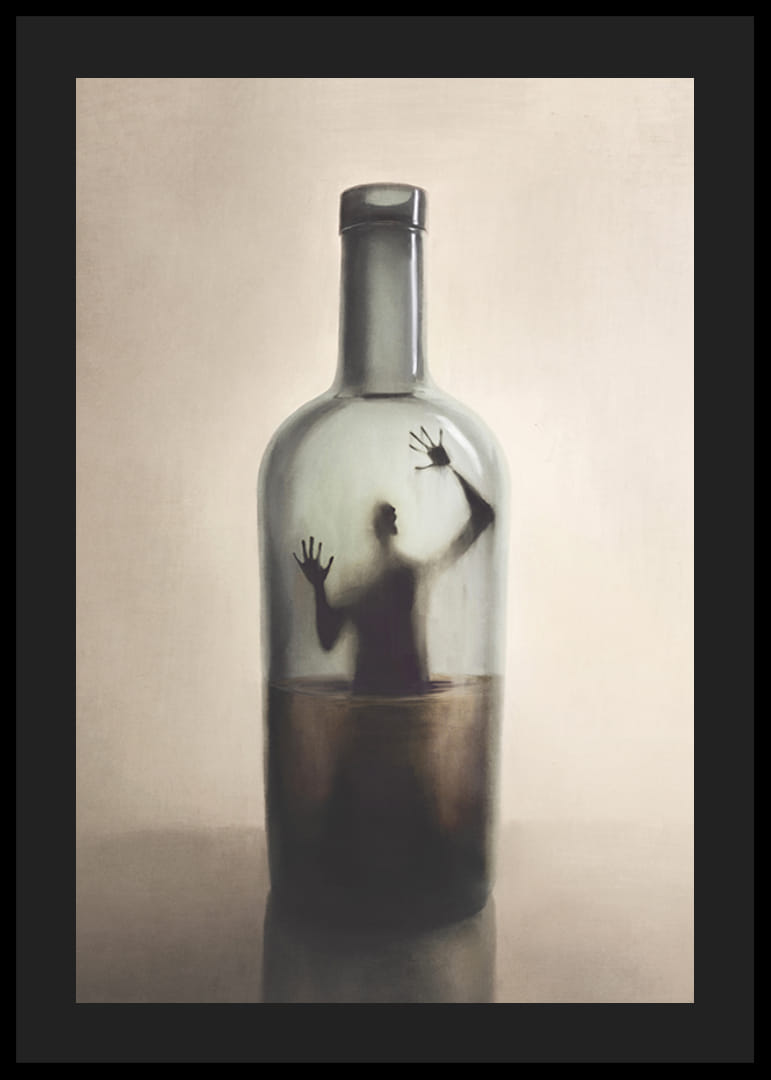 Ilustración surrealista de una figura humana atrapada en una botella.-12