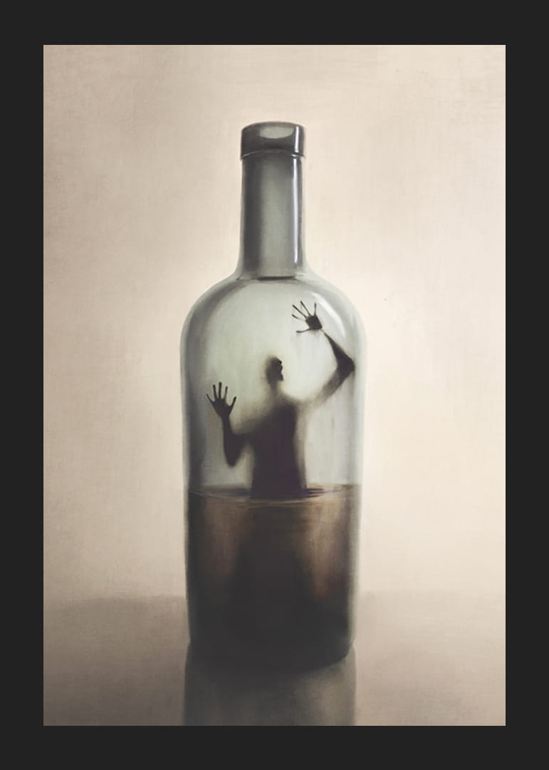 Ilustración surrealista de una figura humana atrapada en una botella.-12