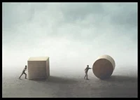Illustration with two people moving cube and cylinder-6