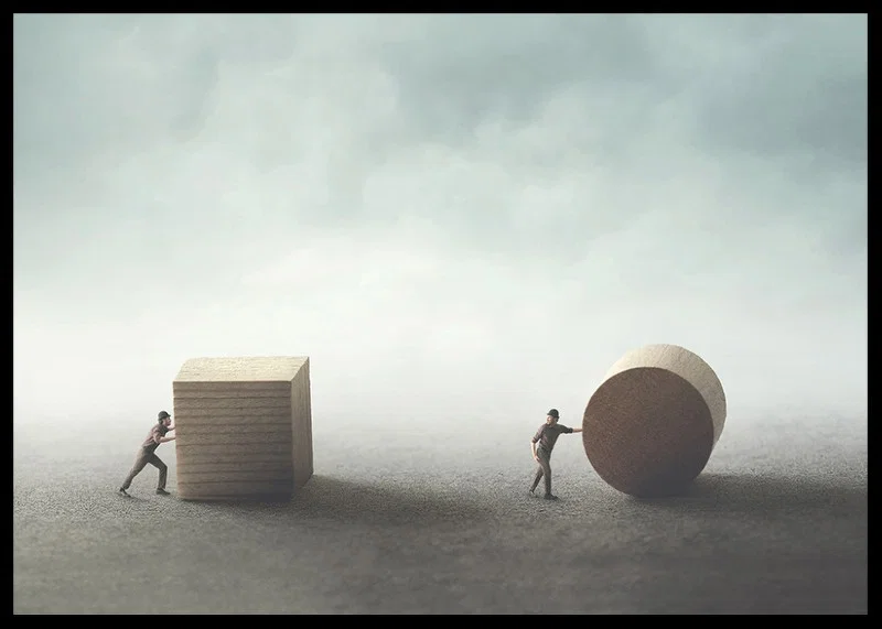 Illustration with two people moving cube and cylinder-12