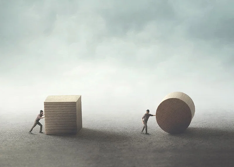 Illustration with two people moving cube and cylinder-12