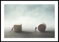 Illustration with two people moving cube and cylinder-0
