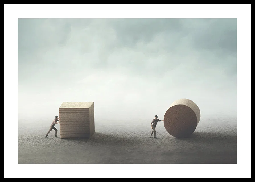 Illustration with two people moving cube and cylinder-12