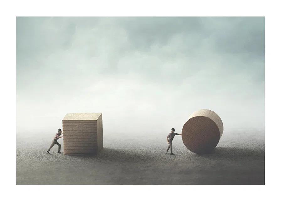 Illustration with two people moving cube and cylinder-12