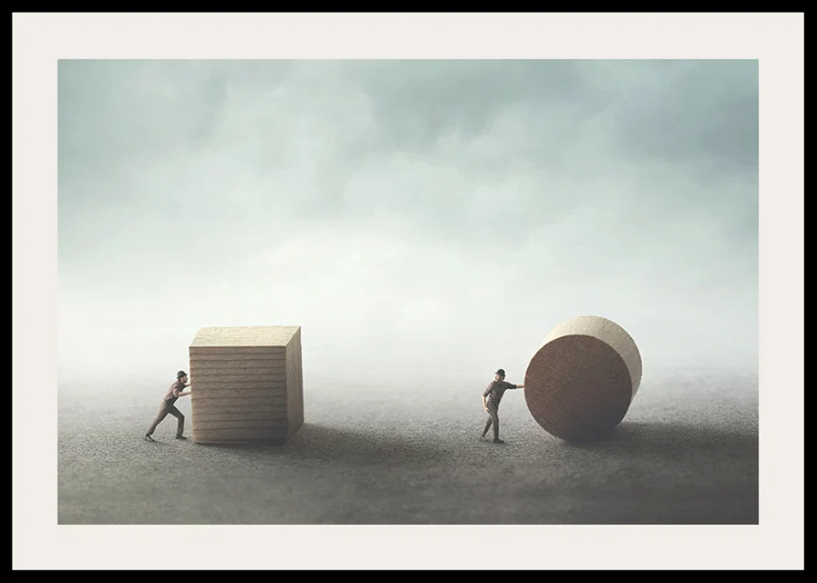 Illustration with two people moving cube and cylinder-12