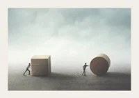 Illustration with two people moving cube and cylinder-3
