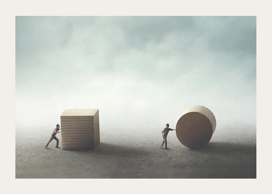 Illustration with two people moving cube and cylinder-12