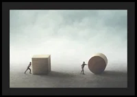 Illustration with two people moving cube and cylinder-4