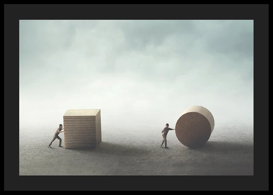 Illustration with two people moving cube and cylinder-12