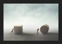 Illustration with two people moving cube and cylinder-5