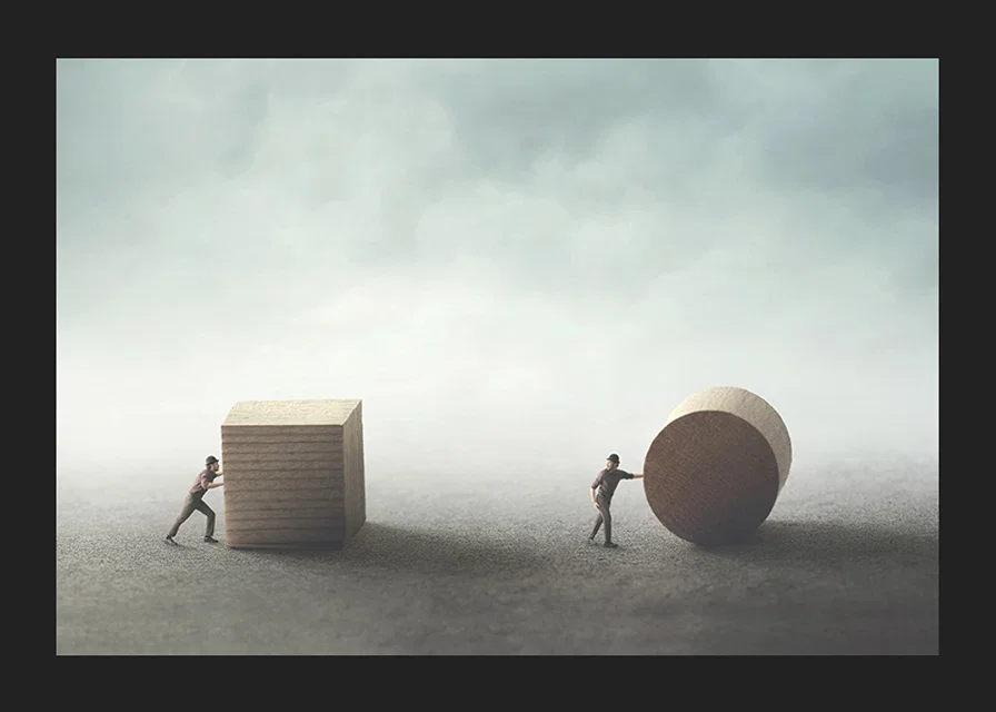 Illustration with two people moving cube and cylinder-12