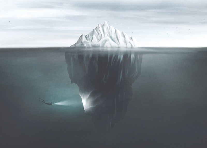 Illustration of iceberg under water surface with diver and flashlight-12