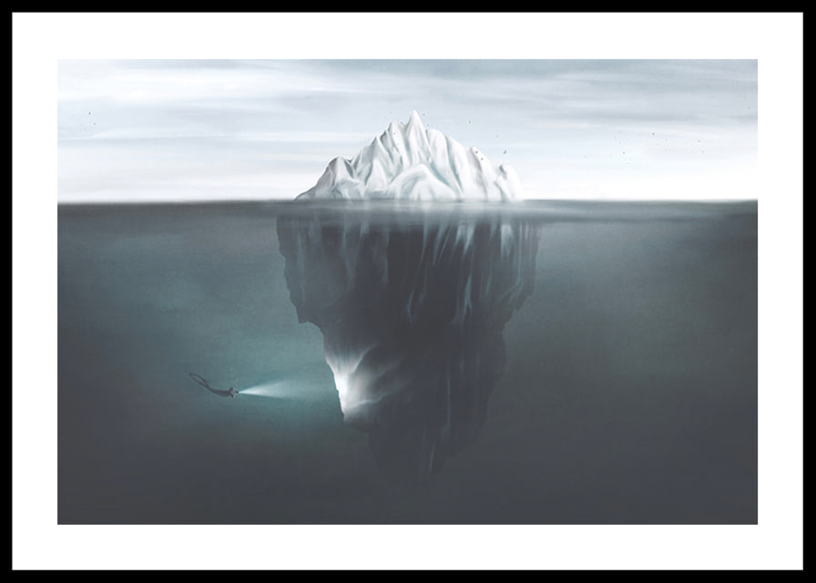 Illustration of iceberg under water surface with diver and flashlight-12