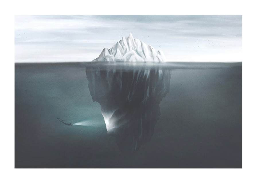 Illustration of iceberg under water surface with diver and flashlight-12
