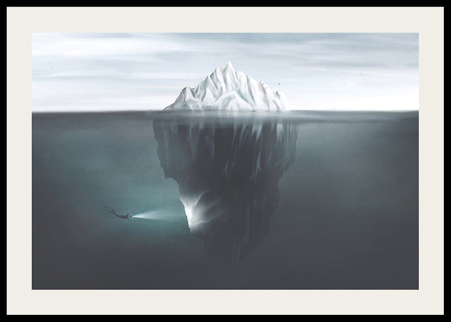 Illustration of iceberg under water surface with diver and flashlight-12