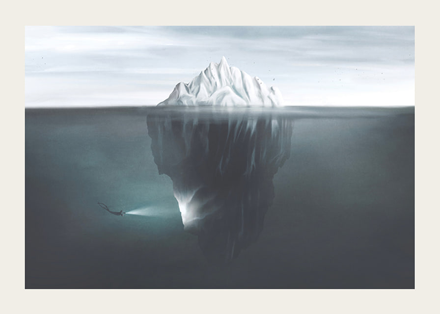Illustration of iceberg under water surface with diver and flashlight-12