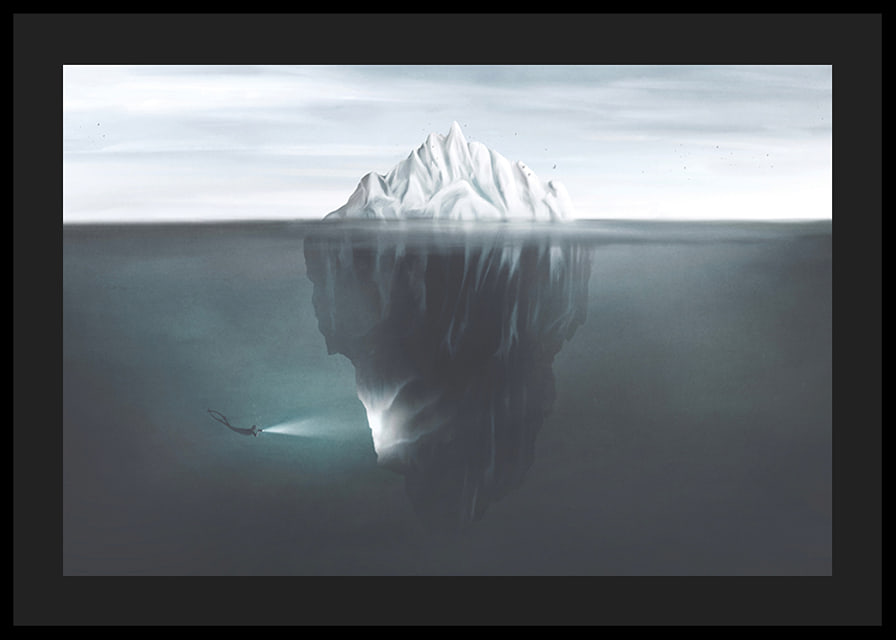Illustration of iceberg under water surface with diver and flashlight-12