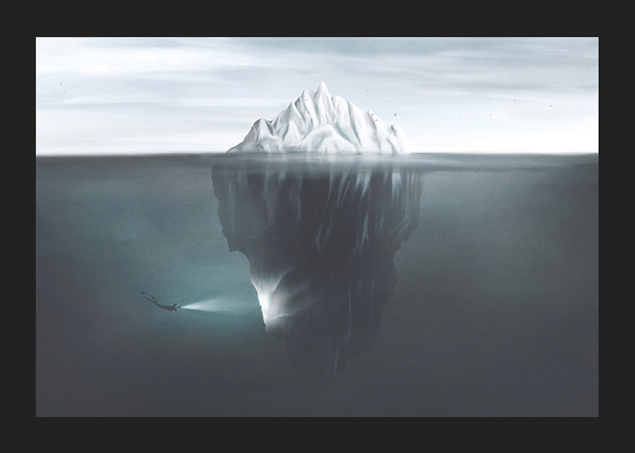 Illustration of iceberg under water surface with diver and flashlight-12